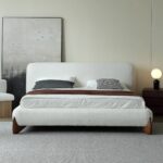 Modern White Bouclé King Size Platform Bed Frame with Upholstered Headboard & Natural Wood Legs