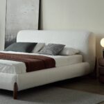 Modern White Bouclé King Size Platform Bed Frame with Upholstered Headboard & Natural Wood Legs