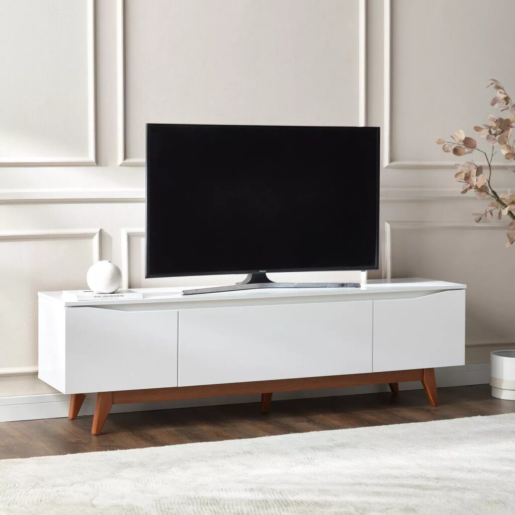 Modern White TV Stand with Storage & Wooden Legs – Sleek Media Console
