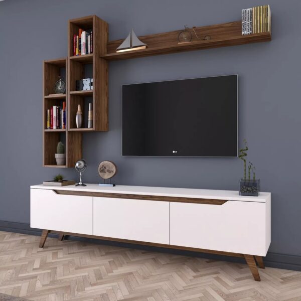 Modern White TV Cabinet with Drawers & Matte Finish Wall Shelf