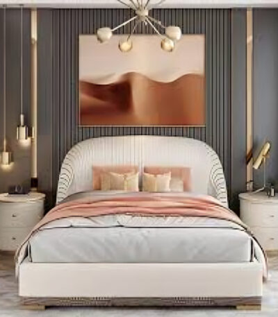 Modern Ruched Design Bed with Metal Frame & PU Leather Finish