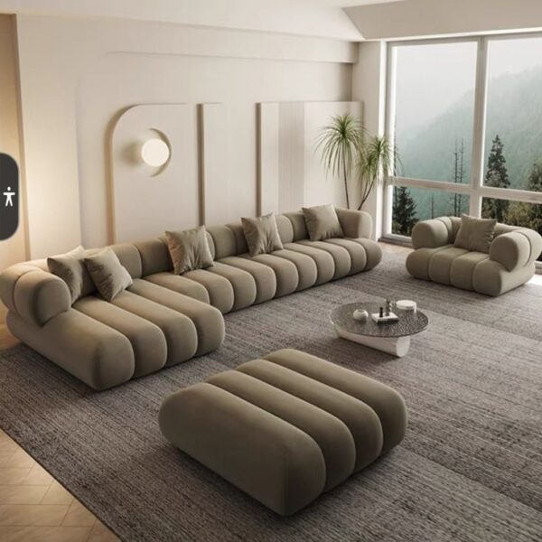 Overstuffed Fleece Fabric L-Shaped Sofa Set