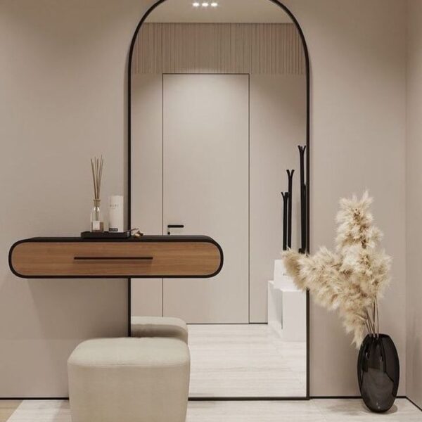 Modern Arched Mirror Console with Floating Storage