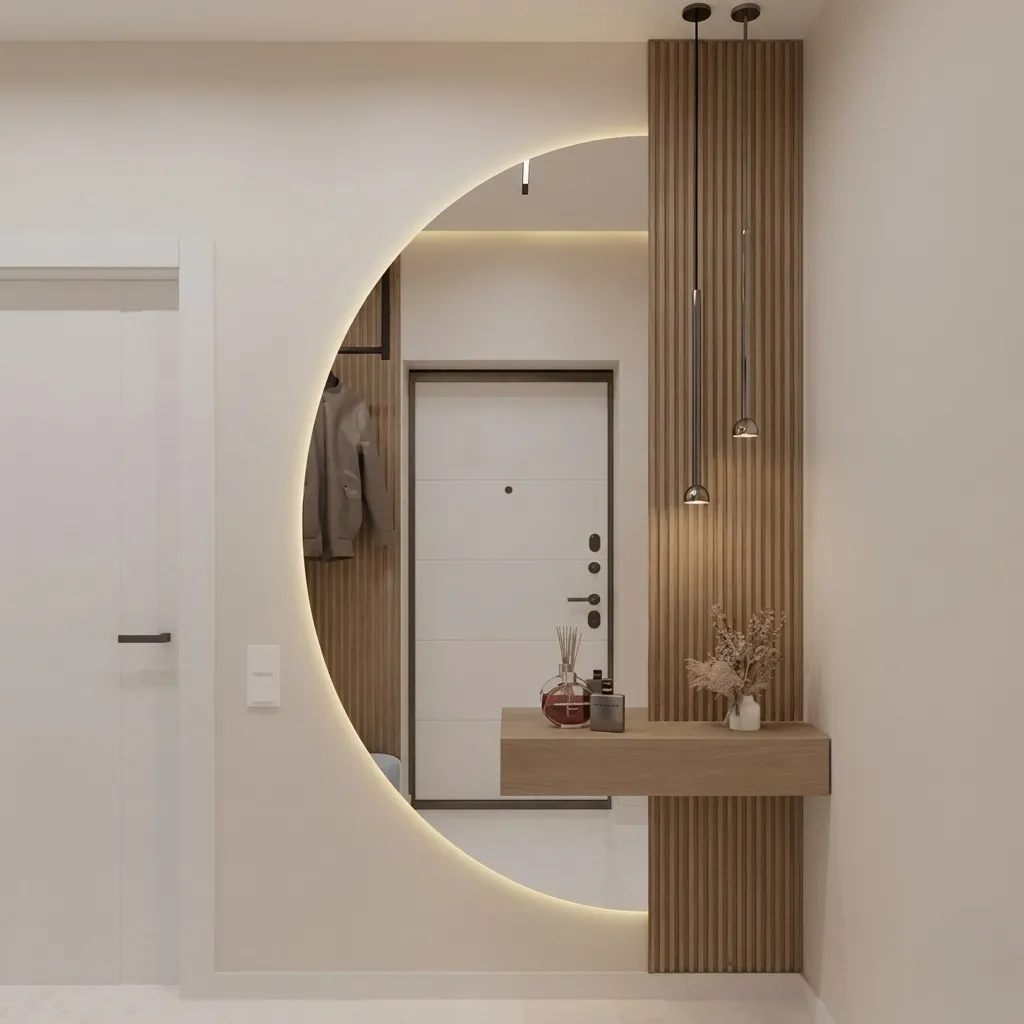Modern Entryway Mirror with LED Backlight and Floating Console