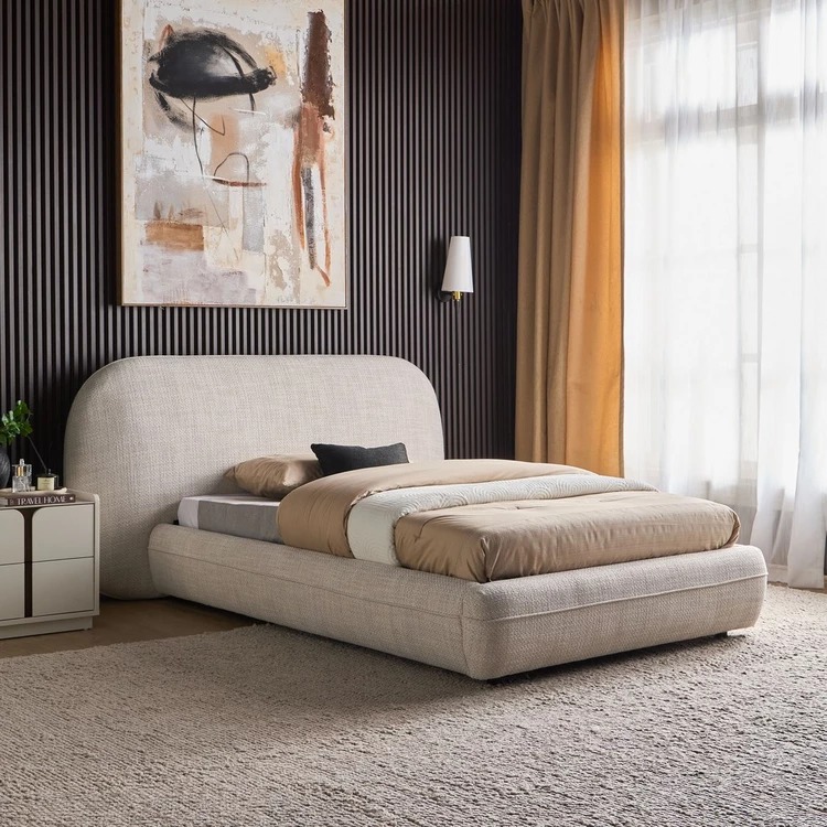 Modern Upholstered Platform Bed – Beige Fabric