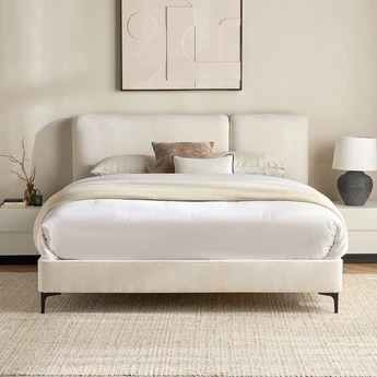 Modern Padded Platform Bed – Cream Upholstery