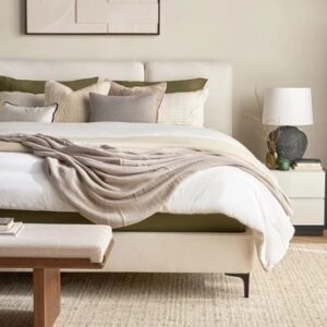 Modern Padded Platform Bed – Cream Upholstery