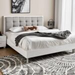 White Modern Platform Bed with Tufted Headboard