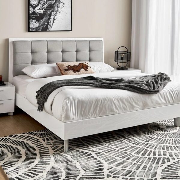 White Modern Platform Bed with Tufted Headboard