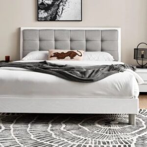 White Modern Platform Bed with Tufted Headboard