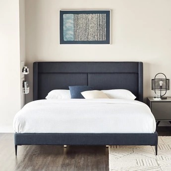 Navy Blue Platform Bed with Headboard & Metal Legs