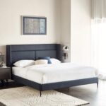 Navy Blue Platform Bed with Headboard & Metal Legs