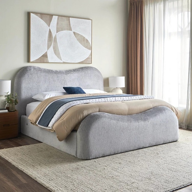Curved Upholstered Platform Bed – Light Grey