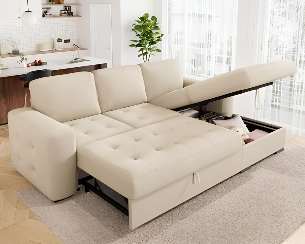 L Shape Button Tufted Ivory Sofa Cum Bed with Storage