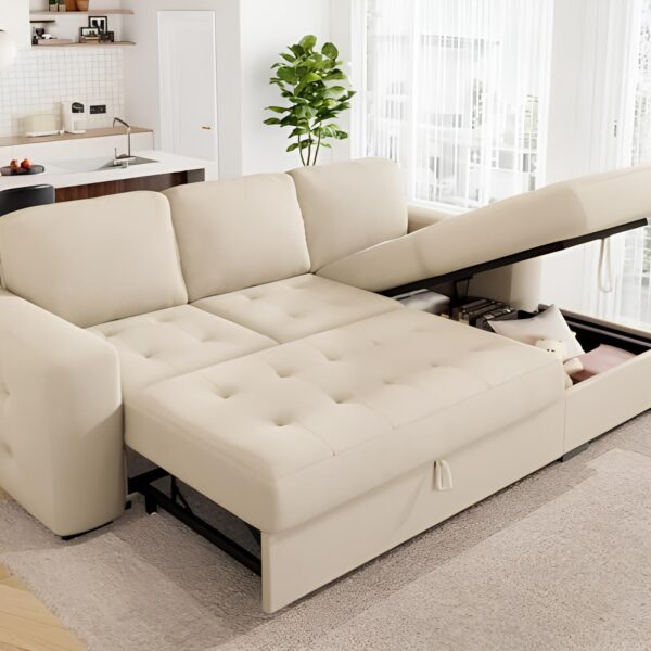 L Shape Button Tufted Ivory Sofa Cum Bed with Storage