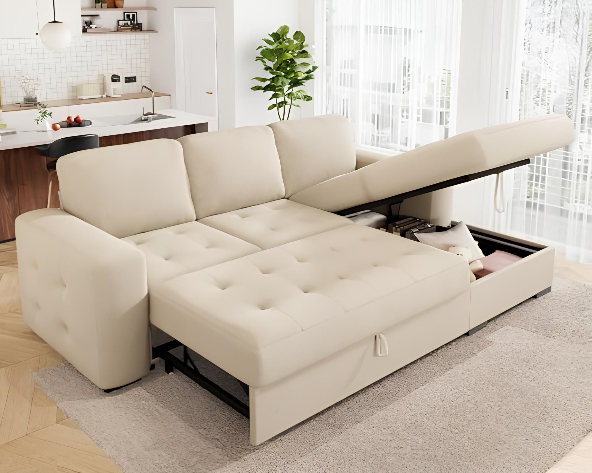L Shape Button Tufted Ivory Sofa Cum Bed with Storage
