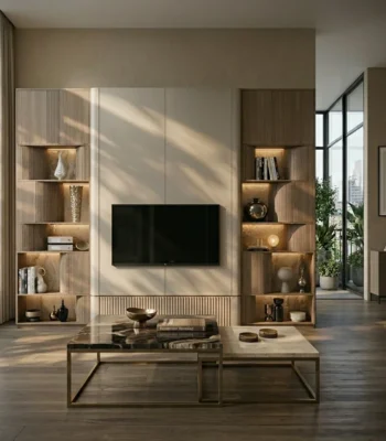 Aalsona Media Wall with Fluted Display Shelves