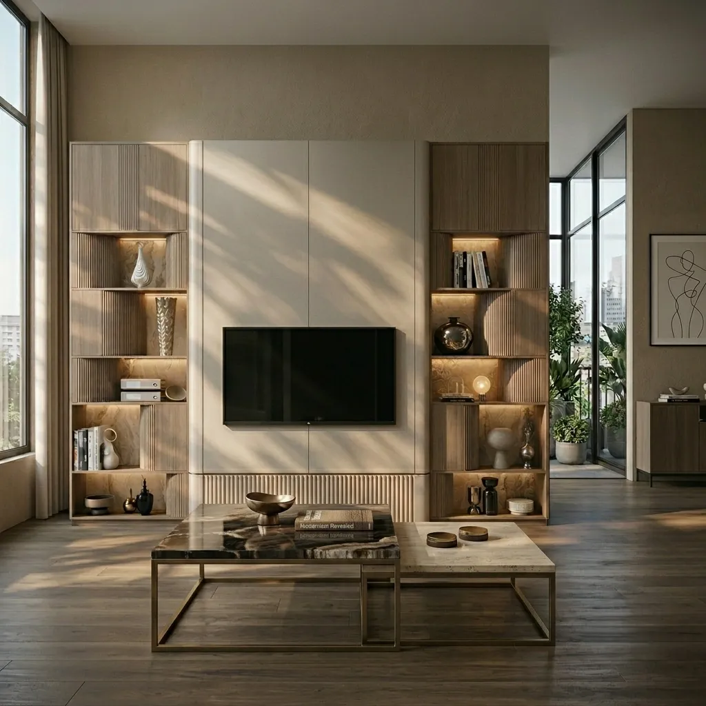 Aalsona Media Wall with Fluted Display Shelves