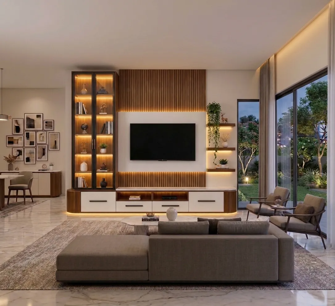 Aaboz LED Wall Tv Unit with Display Glass Cabinet